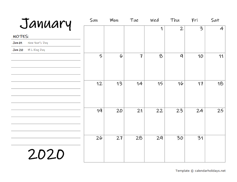 MONTHLY CALENDAR WITH LARGE SPACE NOTES