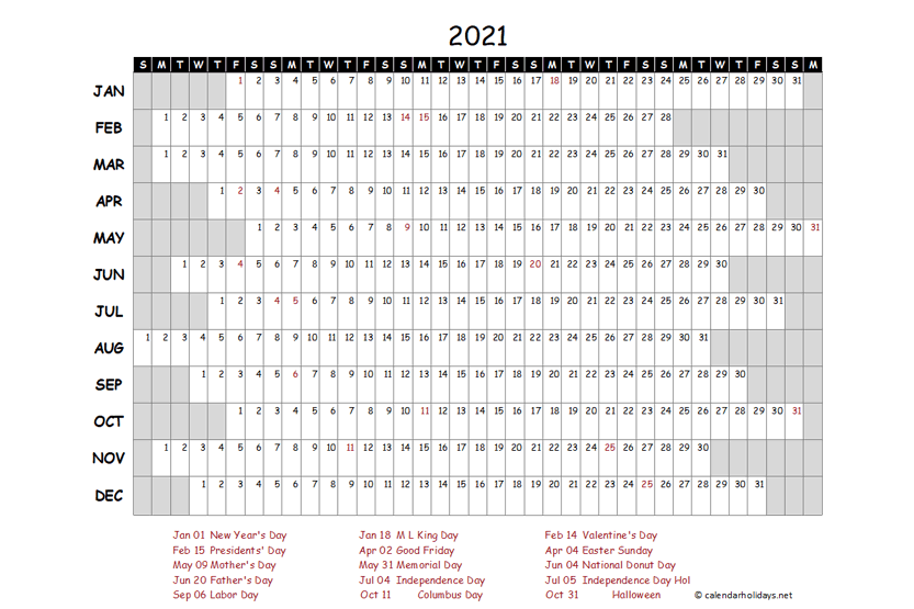 ONE PAGE YEARLY CALENDAR