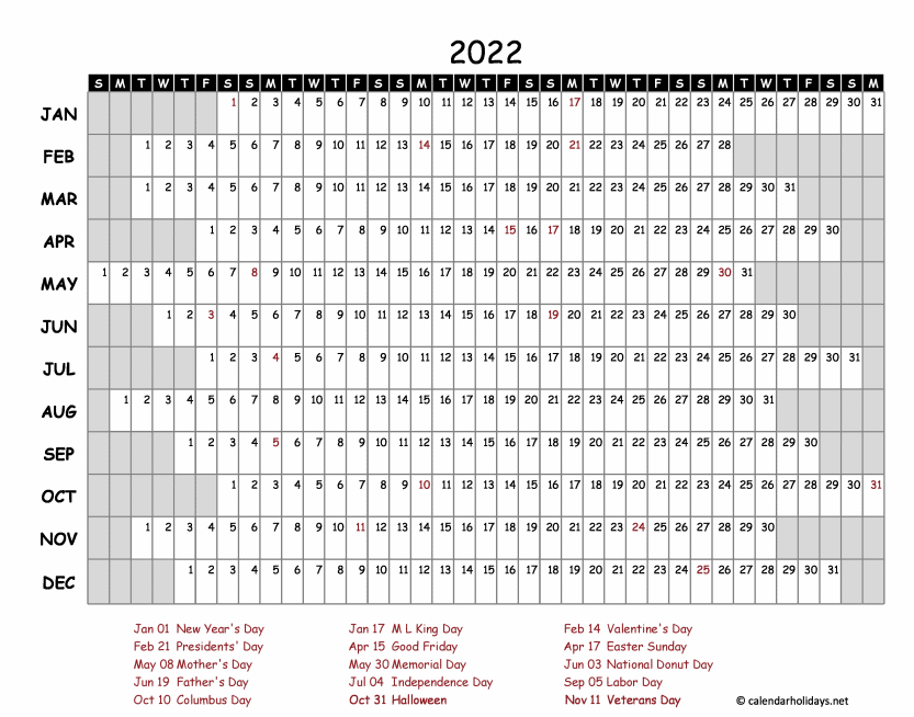 One Year Calendar 2022 Yearly Calendar Templates