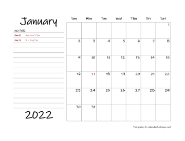 Monthly Calendar With Large Space Notes
