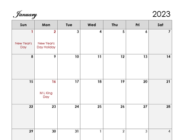 Customizable Monthly Calendar With Large Space for Notes