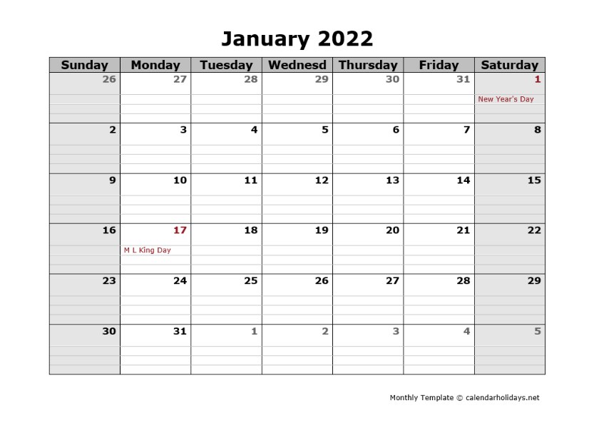 Daily Calendar Template 2022 2022 Monthly Template - Calendarholidays.net