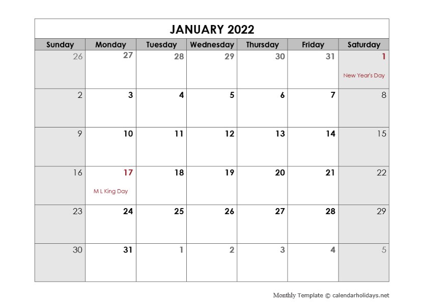 Monthly Calendar 2022 Template 2022 Monthly Template - Calendarholidays.net