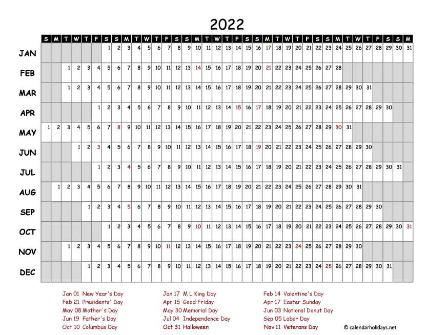 One Page Yearly Calendar 2022 Yearly Calendar Templates